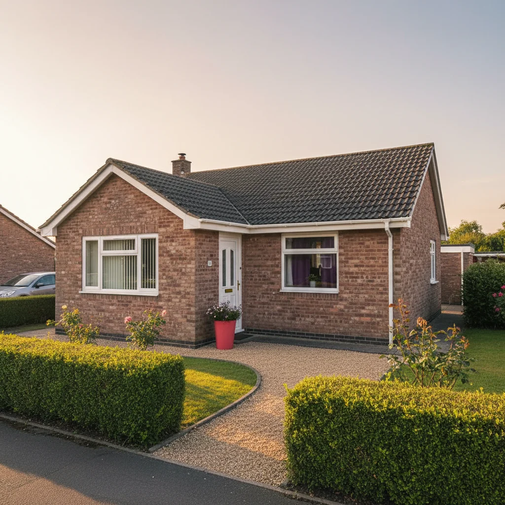 Detached bungalow with a hedge-lined garden, used as a small supported-living home.