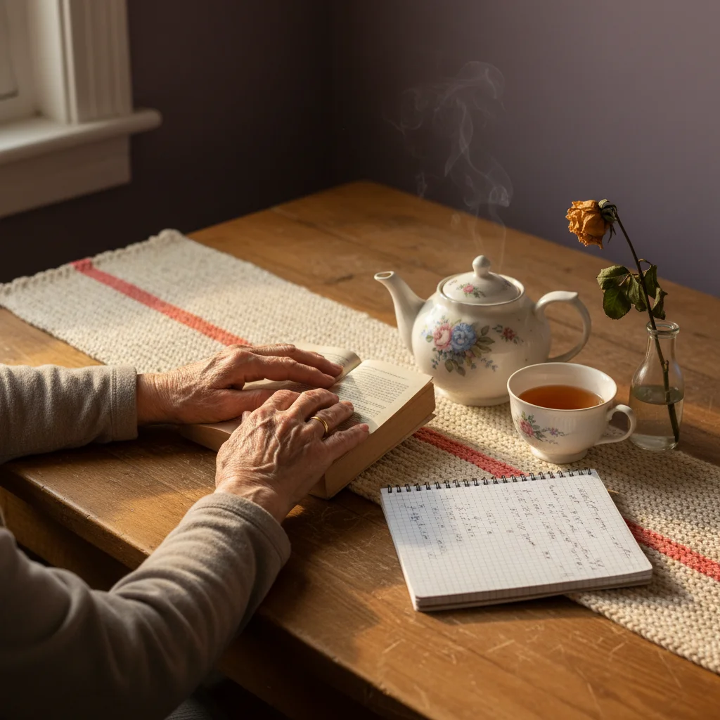 Hands resting on a worn kitchen table beside a teapot and an open newspaper, late afternoon.